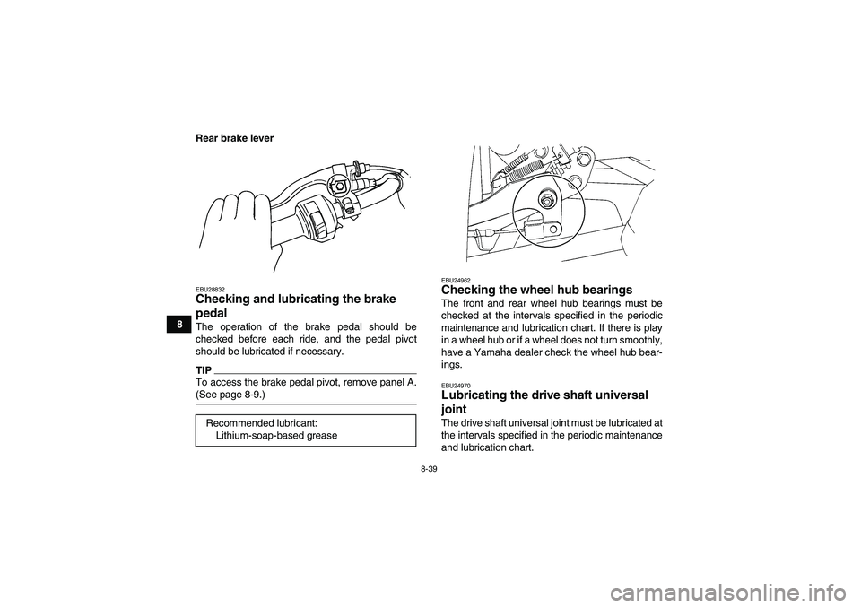 YAMAHA GRIZZLY 350 2009  Owners Manual 8-39
8Rear brake lever
EBU28832Checking and lubricating the brake 
pedal The operation of the brake pedal should be
checked before each ride, and the pedal pivot
should be lubricated if necessary.TIPT