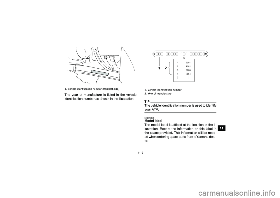 YAMAHA GRIZZLY 350 2009 Owners Manual 11-2
11 The year of manufacture is listed in the vehicle
identification number as shown in the illustration.
TIPThe vehicle identification number is used to identifyyour ATV.EBU26050Model label
The m YAMAHA GRIZZLY 350 2009 Owners Manual 11-2
11 The year of manufacture is listed in the vehicle
identification number as shown in the illustration.
TIPThe vehicle identification number is used to identifyyour ATV.EBU26050Model label
The m