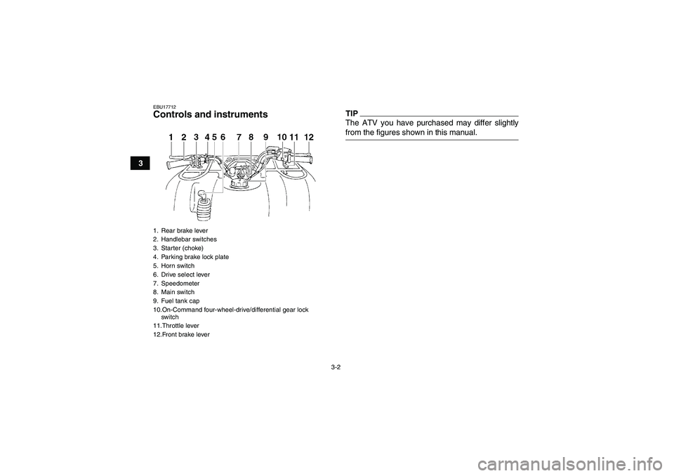 YAMAHA GRIZZLY 350 2009  Owners Manual 3-2
3
EBU17712Controls and instruments
TIPThe ATV you have purchased may differ slightlyfrom the figures shown in this manual.
1. Rear brake lever
2. Handlebar switches
3. Starter (choke)
4. Parking b