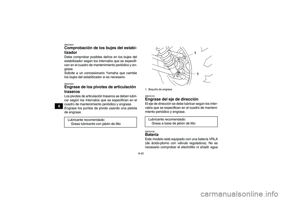 YAMAHA GRIZZLY 350 2009  Manuale de Empleo (in Spanish) 8-42
8
SBU25021Comprobación de los bujes del estabi-
lizador Debe comprobar posibles daños en los bujes del
estabilizador según los intervalos que se especifi-
can en el cuadro de mantenimiento per
