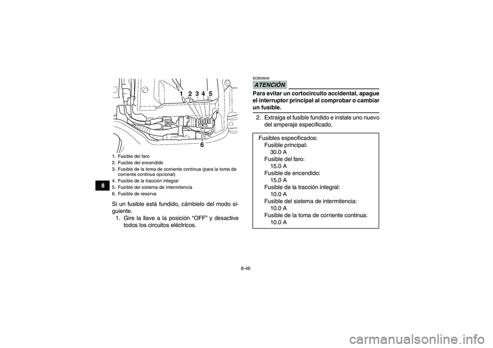 YAMAHA GRIZZLY 350 2009 Manuale de Empleo (in Spanish) 8-46
8
Si un fusible está fundido, cámbielo del modo si-
guiente.
1. Gire la llave a la posición “OFF” y desactive
todos los circuitos eléctricos.
ATENCIÓNSCB00640Para evitar un cortocircuito YAMAHA GRIZZLY 350 2009 Manuale de Empleo (in Spanish) 8-46
8
Si un fusible está fundido, cámbielo del modo si-
guiente.
1. Gire la llave a la posición “OFF” y desactive
todos los circuitos eléctricos.
ATENCIÓNSCB00640Para evitar un cortocircuito