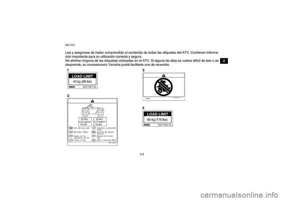 YAMAHA GRIZZLY 350 2009  Manuale de Empleo (in Spanish) 2-2
2
SBU17670Lea y asegúrese de haber comprendido el contenido de todas las etiquetas del ATV. Contienen informa-
ción importante para su utilización correcta y segura.
No elimine ninguna de las e