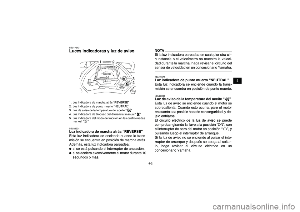 YAMAHA GRIZZLY 350 2009 Manuale de Empleo (in Spanish) 4-2
4
SBU17813Luces indicadoras y luz de aviso SBU28331Luz indicadora de marcha atrás “REVERSE”
Esta luz indicadora se enciende cuando la trans-
misión se encuentra en posición de marcha atrá YAMAHA GRIZZLY 350 2009 Manuale de Empleo (in Spanish) 4-2
4
SBU17813Luces indicadoras y luz de aviso SBU28331Luz indicadora de marcha atrás “REVERSE”
Esta luz indicadora se enciende cuando la trans-
misión se encuentra en posición de marcha atrá