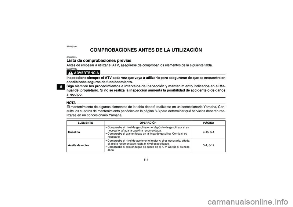 YAMAHA GRIZZLY 350 2009  Manuale de Empleo (in Spanish) 5-1
5
SBU19200
COMPROBACIONES ANTES DE LA UTILIZACIÓN
SBU19223Lista de comprobaciones previas Antes de empezar a utilizar el ATV, asegúrese de comprobar los elementos de la siguiente tabla.
ADVERTEN