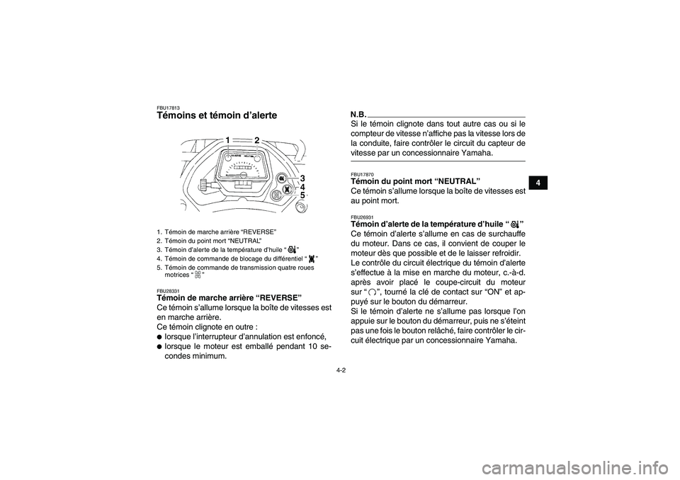 YAMAHA GRIZZLY 350 2009  Notices Demploi (in French) 4-2
4
FBU17813Témoins et témoin d’alerte FBU28331Témoin de marche arrière “REVERSE” 
Ce témoin s’allume lorsque la boîte de vitesses est
en marche arrière.
Ce témoin clignote en outre 