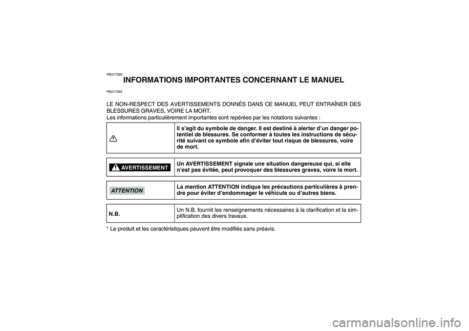 YAMAHA GRIZZLY 350 2009  Notices Demploi (in French) FBU17330
INFORMATIONS IMPORTANTES CONCERNANT LE MANUEL
FBU17342LE NON-RESPECT DES AVERTISSEMENTS DONNÉS DANS CE MANUEL PEUT ENTRAÎNER DES
BLESSURES GRAVES, VOIRE LA MORT.
Les informations particuli