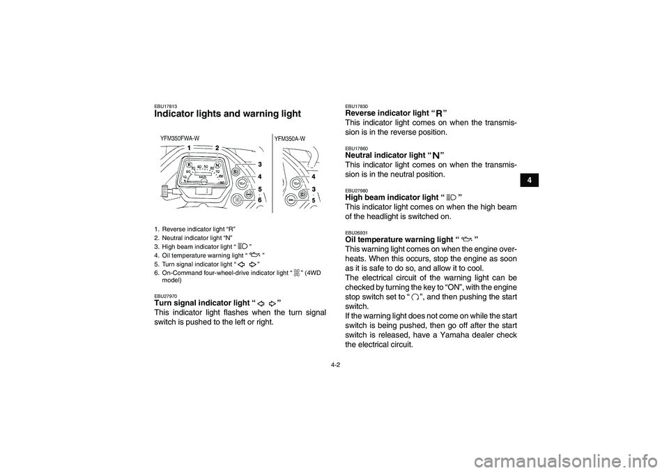 YAMAHA GRIZZLY 350 2008 User Guide 4-2
4
EBU17813Indicator lights and warning light EBU27970Turn signal indicator light“” 
This indicator light flashes when the turn signal
switch is pushed to the left or right.
EBU17830Reverse ind
