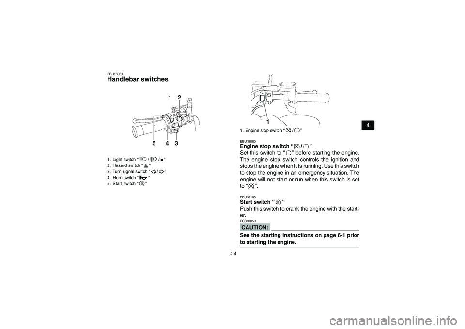 YAMAHA GRIZZLY 350 2008 User Guide 4-4
4
EBU18061Handlebar switches 
EBU18080Engine stop switch“/” 
Set this switch to“” before starting the engine.
The engine stop switch controls the ignition and
stops the engine when it is r
