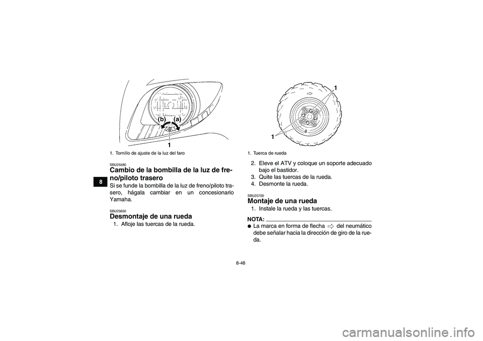 YAMAHA GRIZZLY 350 2008  Manuale de Empleo (in Spanish) 8-48
8
SBU25580Cambio de la bombilla de la luz de fre-
no/piloto trasero Si se funde la bombilla de la luz de freno/piloto tra-
sero, hágala cambiar en un concesionario
Yamaha.SBU25650Desmontaje de u