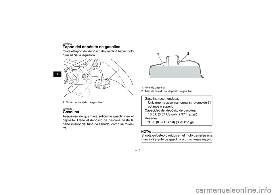 YAMAHA GRIZZLY 350 2008  Manuale de Empleo (in Spanish) 4-15
4
SBU18720Tapón del depósito de gasolina Quite el tapón del depósito de gasolina haciéndolo
girar hacia la izquierda.SBU28940Gasolina Asegúrese de que haya suficiente gasolina en el
depósi