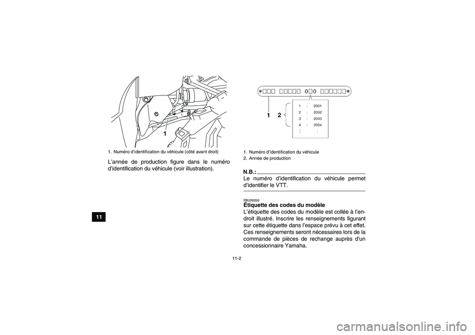 YAMAHA GRIZZLY 350 2008  Notices Demploi (in French) 11-2
11L’année de production figure dans le numéro
d’identification du véhicule (voir illustration).
N.B.:Le numéro d’identification du véhicule permetd’identifier le VTT.FBU26050Étiquet