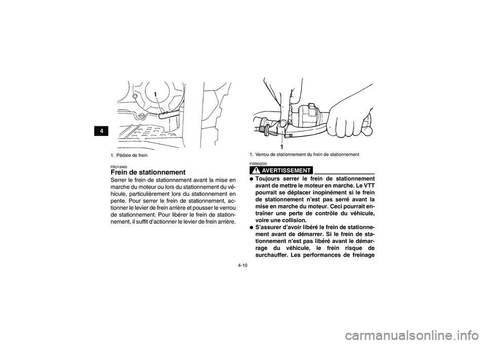 YAMAHA GRIZZLY 350 2008 Notices Demploi (in French) 4-10
4
FBU18460Frein de stationnement Serrer le frein de stationnement avant la mise en
marche du moteur ou lors du stationnement du vé-
hicule, particulièrement lors du stationnement en
pente. Pour YAMAHA GRIZZLY 350 2008 Notices Demploi (in French) 4-10
4
FBU18460Frein de stationnement Serrer le frein de stationnement avant la mise en
marche du moteur ou lors du stationnement du vé-
hicule, particulièrement lors du stationnement en
pente. Pour