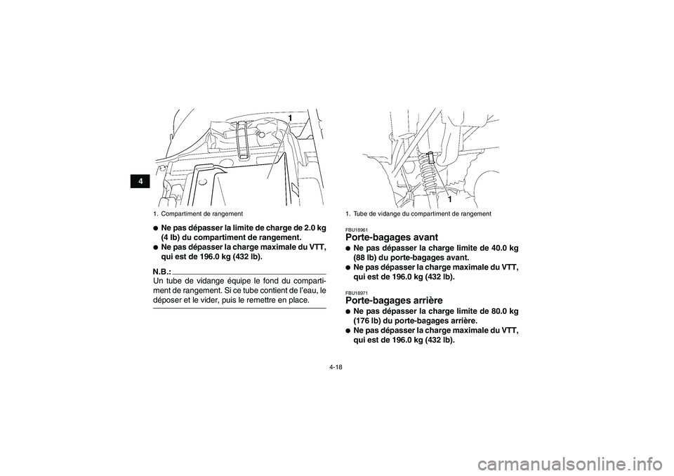 YAMAHA GRIZZLY 350 2008  Notices Demploi (in French) 4-18
4
Ne pas dépasser la limite de charge de 2.0 kg
(4 lb) du compartiment de rangement.Ne pas dépasser la charge maximale du VTT,
qui est de 196.0 kg (432 lb).
N.B.:Un tube de vidange équipe le
