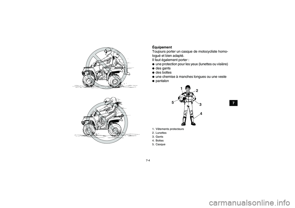 YAMAHA GRIZZLY 350 2008  Notices Demploi (in French) 7-4
7 Équipement
Toujours porter un casque de motocycliste homo-
logué et bien adapté.
Il faut également porter :
une protection pour les yeux (lunettes ou visière)des gantsdes bottesune chem