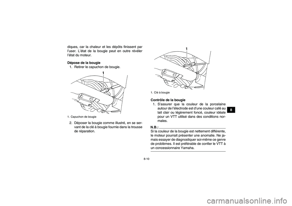 YAMAHA GRIZZLY 350 2008  Notices Demploi (in French) 8-10
8 diques, car la chaleur et les dépôts finissent par
l’user. L’état de la bougie peut en outre révéler
l’état du moteur.
Dépose de la bougie
1. Retirer le capuchon de bougie.
2. Dép