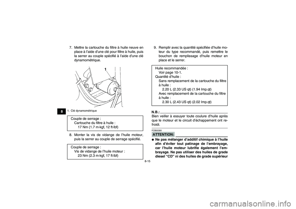 YAMAHA GRIZZLY 350 2008  Notices Demploi (in French) 8-15
87. Mettre la cartouche du filtre à huile neuve en
place à l’aide d’une clé pour filtre à huile, puis
la serrer au couple spécifié à l’aide d’une clé
dynamométrique.
8. Monter la