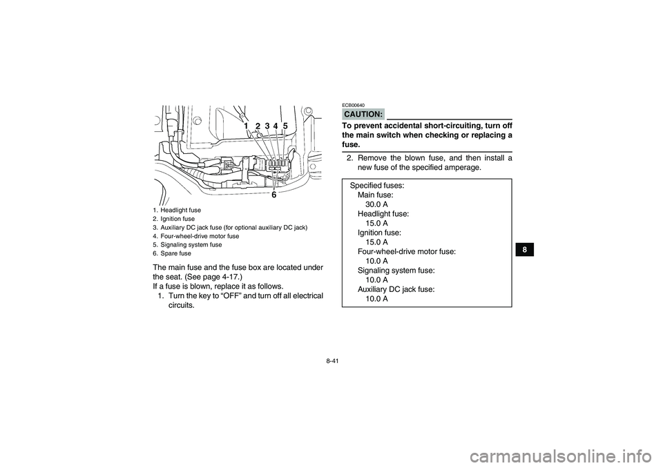YAMAHA GRIZZLY 350 2007  Owners Manual 8-41
8
The main fuse and the fuse box are located under
the seat. (See page 4-17.)
If a fuse is blown, replace it as follows.
1. Turn the key to “OFF” and turn off all electrical
circuits.
CAUTION