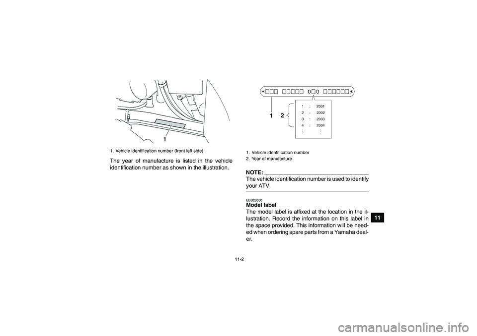 YAMAHA GRIZZLY 350 2007 Owners Manual 11-2
11 The year of manufacture is listed in the vehicle
identification number as shown in the illustration.
NOTE:The vehicle identification number is used to identifyyour ATV.EBU26050Model label
The YAMAHA GRIZZLY 350 2007 Owners Manual 11-2
11 The year of manufacture is listed in the vehicle
identification number as shown in the illustration.
NOTE:The vehicle identification number is used to identifyyour ATV.EBU26050Model label
The