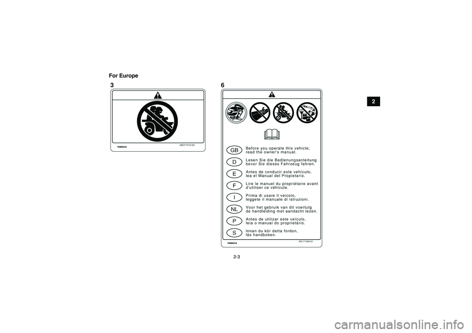 YAMAHA GRIZZLY 350 2007 User Guide 2-3
2 For Europe
U4S260E0.book  Page 3  Tuesday, October 3, 2006  1:53 PM 