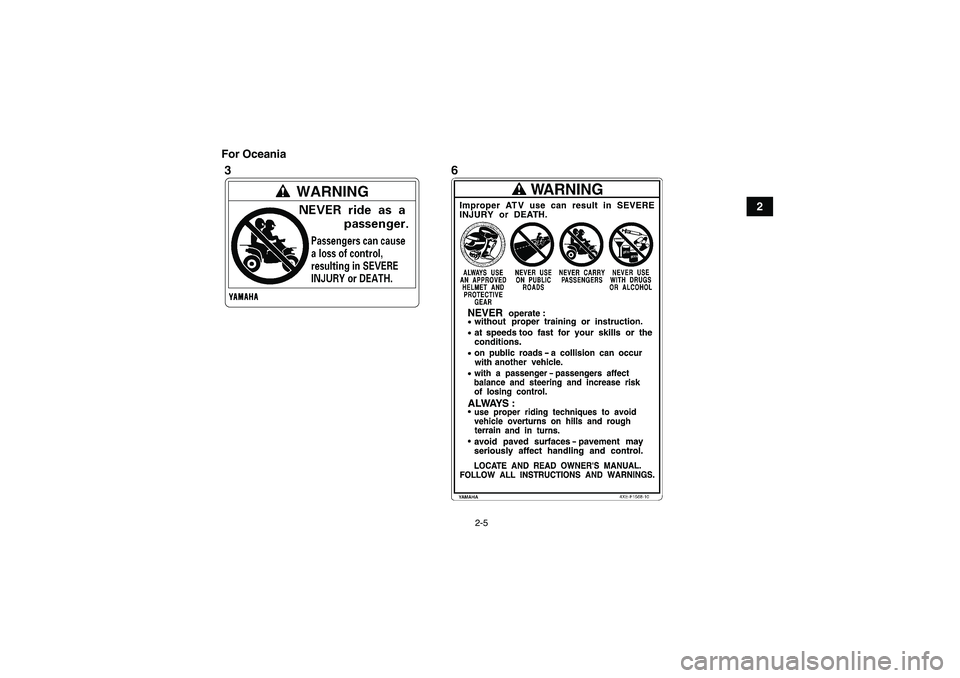 YAMAHA GRIZZLY 350 2007 User Guide 2-5
2 For Oceania
U4S260E0.book  Page 5  Tuesday, October 3, 2006  1:53 PM 