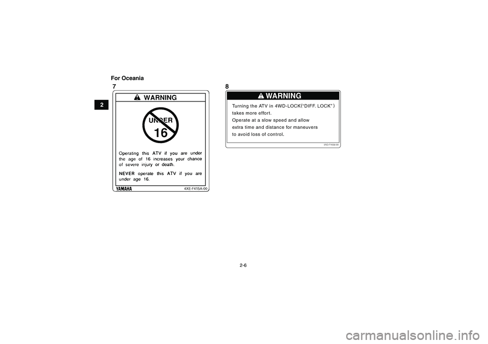YAMAHA GRIZZLY 350 2007 User Guide 2-6
2For Oceania
U4S260E0.book  Page 6  Tuesday, October 3, 2006  1:53 PM 