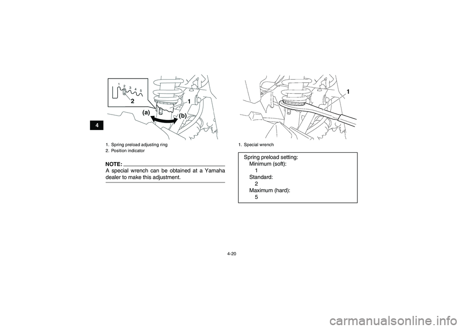 YAMAHA GRIZZLY 350 2007 Service Manual 4-20
4
NOTE:A special wrench can be obtained at a Yamahadealer to make this adjustment.1. Spring preload adjusting ring
2. Position indicator
1. Special wrenchSpring preload setting:
Minimum (soft):
1