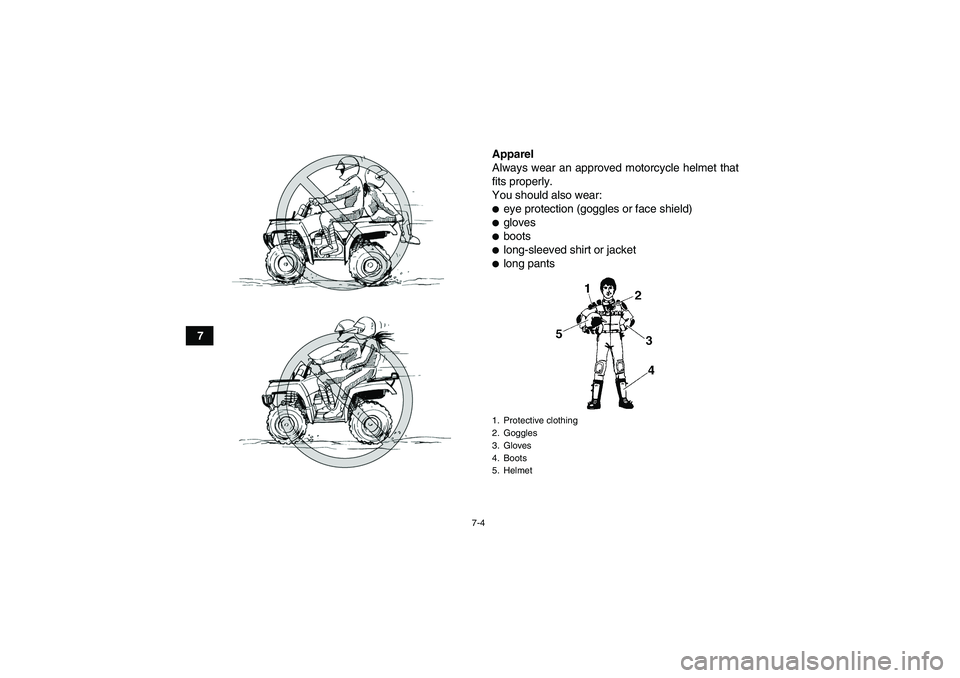 YAMAHA GRIZZLY 350 2007 Repair Manual 7-4
7Apparel
Always wear an approved motorcycle helmet that
fits properly.
You should also wear:
eye protection (goggles or face shield)glovesbootslong-sleeved shirt or jacketlong pants1. Protect