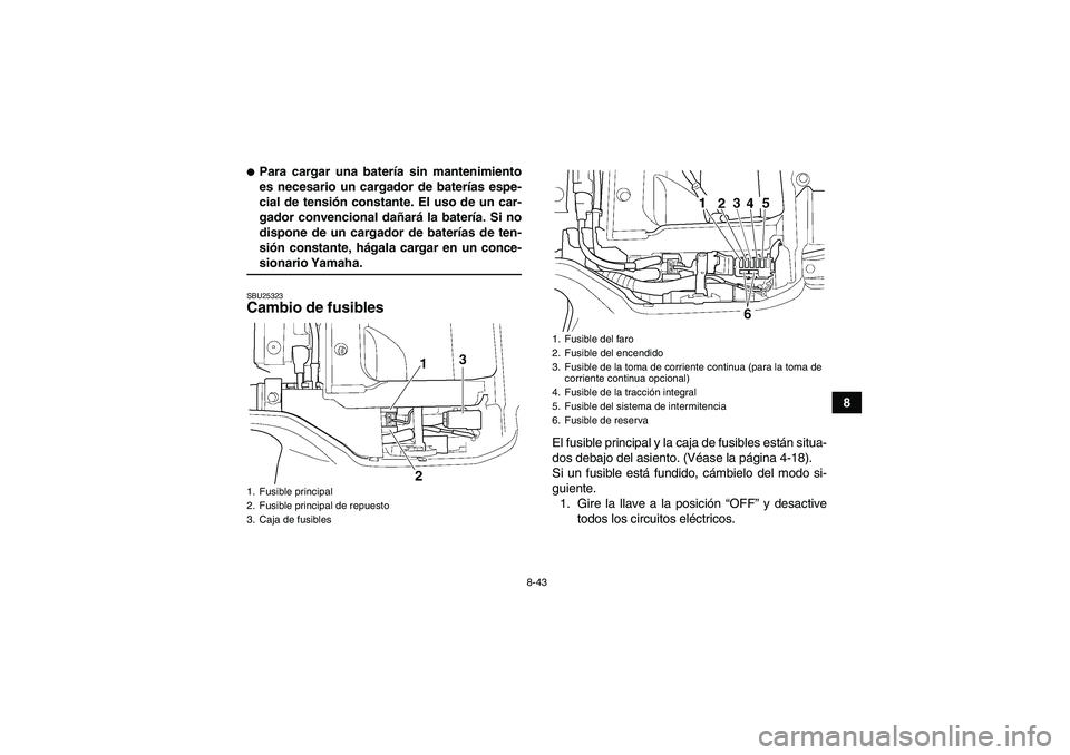 YAMAHA GRIZZLY 350 2007  Manuale de Empleo (in Spanish) 8-43
8
Para cargar una batería sin mantenimiento
es necesario un cargador de baterías espe-
cial de tensión constante. El uso de un car-
gador convencional dañará la batería. Si no
dispone de u