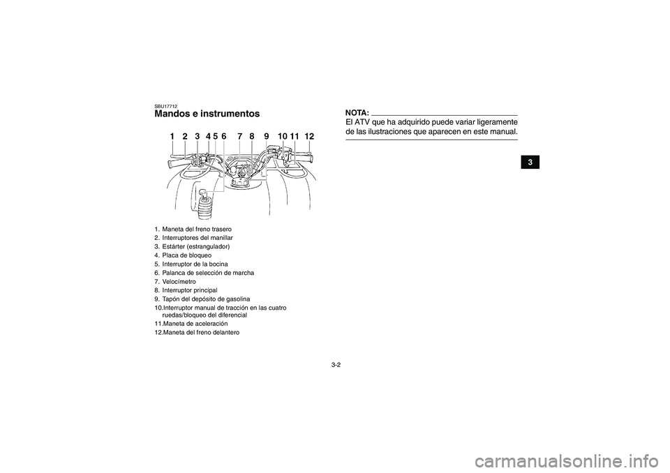 YAMAHA GRIZZLY 350 2007 Manuale de Empleo (in Spanish) 3-2
3
SBU17712Mandos e instrumentos
NOTA:El ATV que ha adquirido puede variar ligeramentede las ilustraciones que aparecen en este manual.
1. Maneta del freno trasero
2. Interruptores del manillar
3. YAMAHA GRIZZLY 350 2007 Manuale de Empleo (in Spanish) 3-2
3
SBU17712Mandos e instrumentos
NOTA:El ATV que ha adquirido puede variar ligeramentede las ilustraciones que aparecen en este manual.
1. Maneta del freno trasero
2. Interruptores del manillar
3.