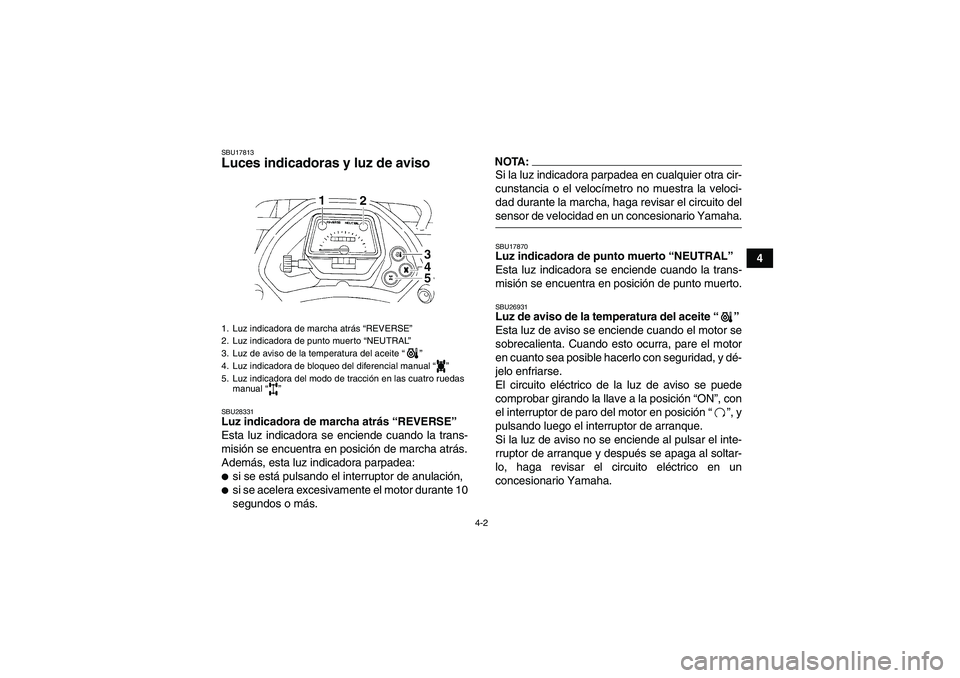 YAMAHA GRIZZLY 350 2007 Manuale de Empleo (in Spanish) 4-2
4
SBU17813Luces indicadoras y luz de aviso SBU28331Luz indicadora de marcha atrás “REVERSE”
Esta luz indicadora se enciende cuando la trans-
misión se encuentra en posición de marcha atrá YAMAHA GRIZZLY 350 2007 Manuale de Empleo (in Spanish) 4-2
4
SBU17813Luces indicadoras y luz de aviso SBU28331Luz indicadora de marcha atrás “REVERSE”
Esta luz indicadora se enciende cuando la trans-
misión se encuentra en posición de marcha atrá