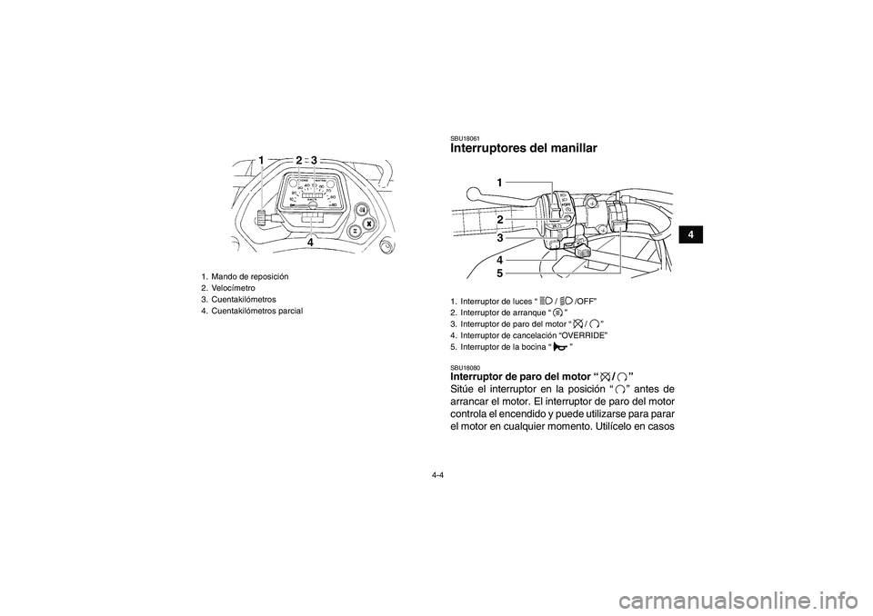 YAMAHA GRIZZLY 350 2007 Manuale de Empleo (in Spanish) 4-4
4
SBU18061Interruptores del manillar SBU18080Interruptor de paro del motor “/”
Sitúe el interruptor en la posición “” antes de
arrancar el motor. El interruptor de paro del motor
contro YAMAHA GRIZZLY 350 2007 Manuale de Empleo (in Spanish) 4-4
4
SBU18061Interruptores del manillar SBU18080Interruptor de paro del motor “/”
Sitúe el interruptor en la posición “” antes de
arrancar el motor. El interruptor de paro del motor
contro