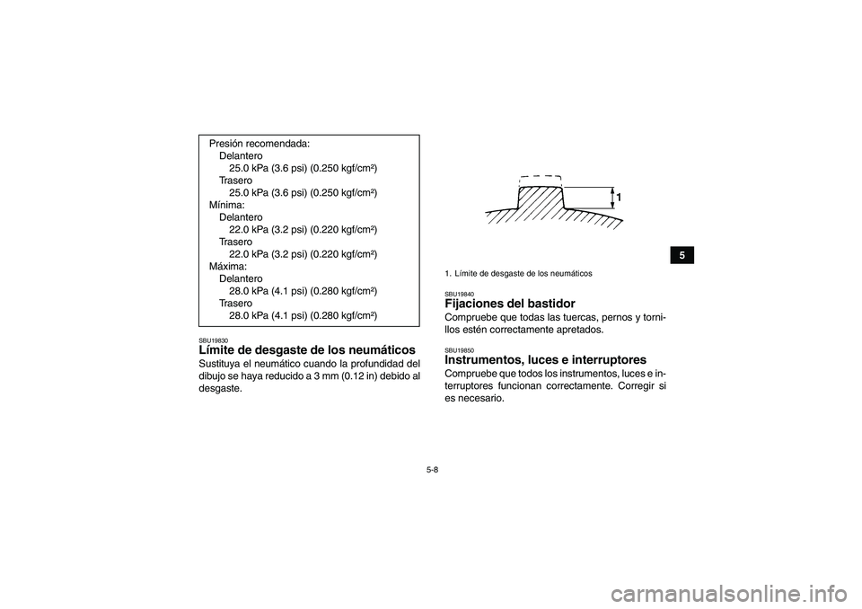 YAMAHA GRIZZLY 350 2007  Manuale de Empleo (in Spanish) 5-8
5
SBU19830Límite de desgaste de los neumáticos Sustituya el neumático cuando la profundidad del
dibujo se haya reducido a 3 mm (0.12 in) debido al
desgaste.
SBU19840Fijaciones del bastidor Comp