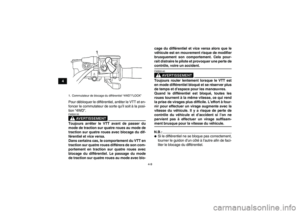 YAMAHA GRIZZLY 350 2007  Notices Demploi (in French) 4-9
4
Pour débloquer le différentiel, arrêter le VTT et en-
foncer le commutateur de sorte qu’il soit à la posi-
tion “4WD”.
AVERTISSEMENT
FWB00130Toujours arrêter le VTT avant de passer du