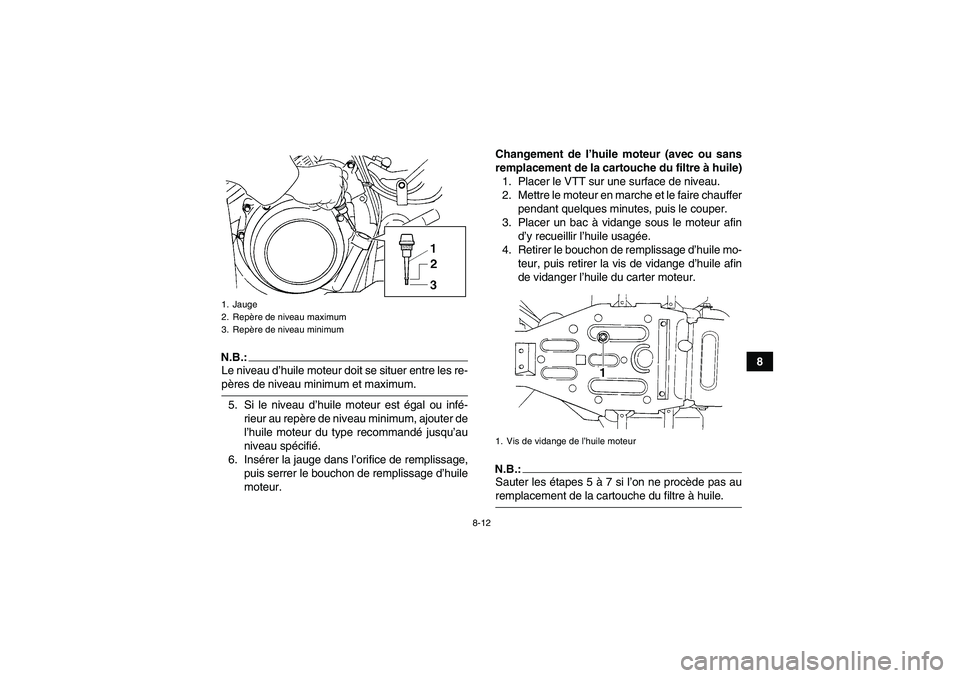 YAMAHA GRIZZLY 350 2007  Notices Demploi (in French) 8-12
8
N.B.:Le niveau d’huile moteur doit se situer entre les re-pères de niveau minimum et maximum.
5. Si le niveau d’huile moteur est égal ou infé-
rieur au repère de niveau minimum, ajouter