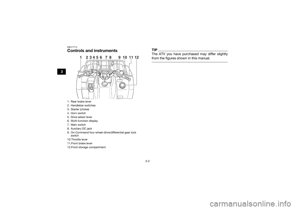 YAMAHA GRIZZLY 450 2016 Owners Manual 3-2
3
EBU17714Controls and instruments
TIPThe ATV you have purchased may differ slightly
from the figures shown in this manual.
1. Rear brake lever
2. Handlebar switches
3. Starter (choke)
4. Horn sw YAMAHA GRIZZLY 450 2016 Owners Manual 3-2
3
EBU17714Controls and instruments
TIPThe ATV you have purchased may differ slightly
from the figures shown in this manual.
1. Rear brake lever
2. Handlebar switches
3. Starter (choke)
4. Horn sw