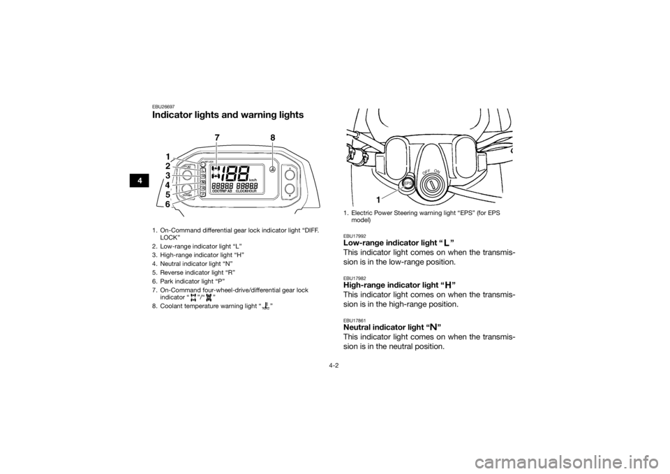 YAMAHA GRIZZLY 450 2016  Owners Manual 4-2
4
EBU26697Indicator lights and warning lights
EBU17992Low-range indicator light “ ” 
This indicator light comes on when the transmis-
sion is in the low-range position.EBU17982High-range indic