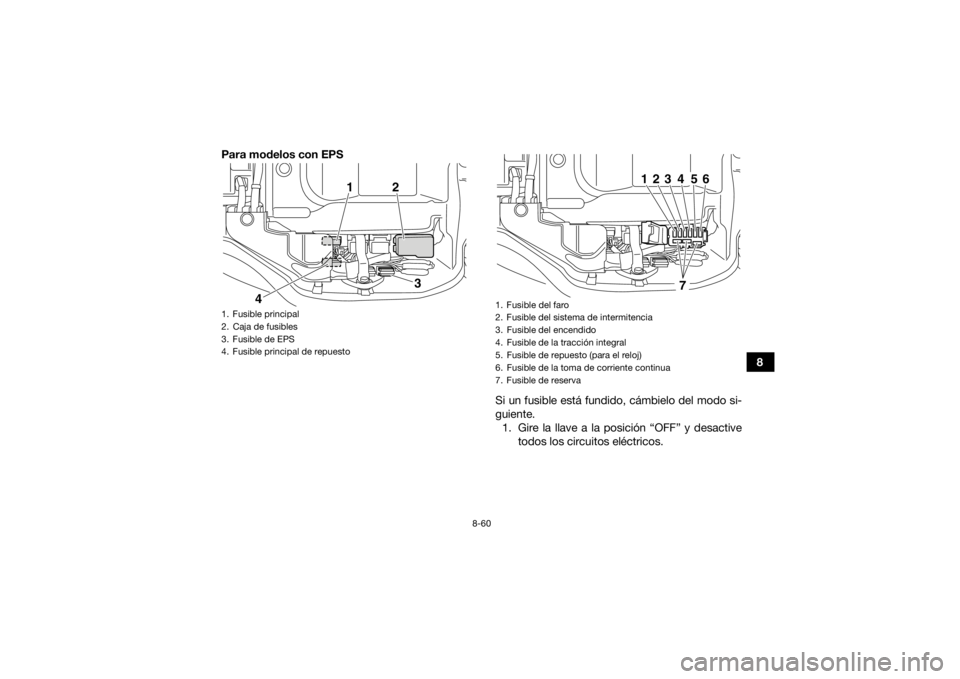 YAMAHA GRIZZLY 450 2016 Manuale de Empleo (in Spanish) 8-60
8
Para modelos con EPS
Si un fusible está fundido, cámbielo del modo si-
guiente.1. Gire la llave a la posición “OFF” y desactive todos los circuitos eléctricos.
1. Fusible principal
2. C YAMAHA GRIZZLY 450 2016 Manuale de Empleo (in Spanish) 8-60
8
Para modelos con EPS
Si un fusible está fundido, cámbielo del modo si-
guiente.1. Gire la llave a la posición “OFF” y desactive todos los circuitos eléctricos.
1. Fusible principal
2. C