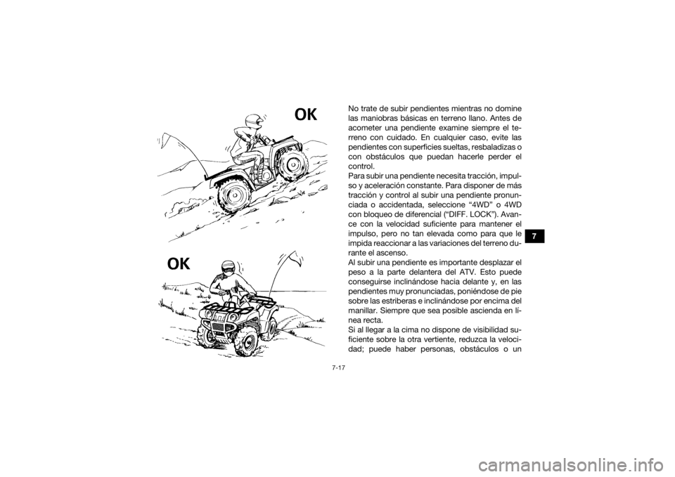 YAMAHA GRIZZLY 450 2016 Manuale de Empleo (in Spanish) 7-17
7
No trate de subir pendientes mientras no domine
las maniobras básicas en terreno llano. Antes de
acometer una pendiente examine siempre el te-
rreno con cuidado. En cualquier caso, evite las
p YAMAHA GRIZZLY 450 2016 Manuale de Empleo (in Spanish) 7-17
7
No trate de subir pendientes mientras no domine
las maniobras básicas en terreno llano. Antes de
acometer una pendiente examine siempre el te-
rreno con cuidado. En cualquier caso, evite las
p