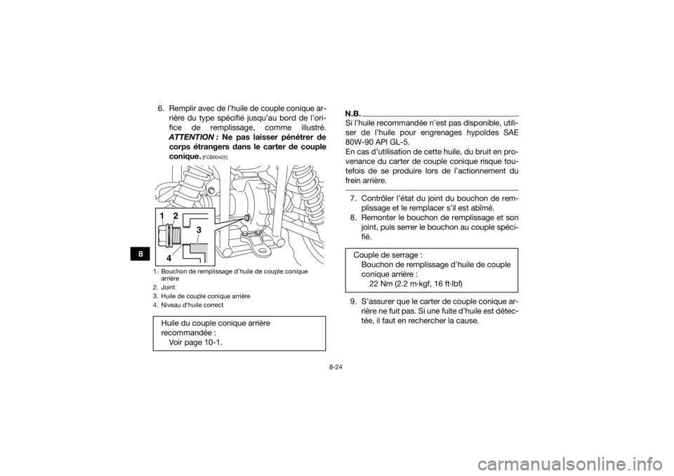 YAMAHA GRIZZLY 450 2016 Notices Demploi (in French) 8-24
86. Remplir avec de l’huile de couple conique ar-
rière du type spécifié jusqu’au bord de l’ori-
fice de remplissage, comme illustré.
ATTENTION : Ne pas laisser pénétrer de
corps ét YAMAHA GRIZZLY 450 2016 Notices Demploi (in French) 8-24
86. Remplir avec de l’huile de couple conique ar-
rière du type spécifié jusqu’au bord de l’ori-
fice de remplissage, comme illustré.
ATTENTION : Ne pas laisser pénétrer de
corps ét