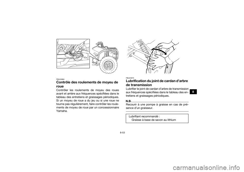 YAMAHA GRIZZLY 450 2016  Notices Demploi (in French) 8-53
8
FBU24964Contrôle des roulements de moyeu de 
roueContrôler les roulements de moyeu des roues
avant et arrière aux fréquences spécifiées dans le
tableau des entretiens et graissages pério