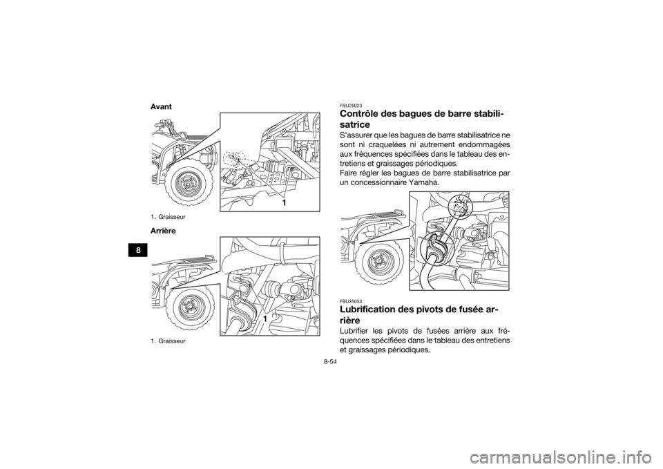 YAMAHA GRIZZLY 450 2016  Notices Demploi (in French) 8-54
8Avant
Arrière
FBU25023Contrôle des bagues de barre stabili-
satriceS’assurer que les bagues de barre stabilisatrice ne
sont ni craquelées ni autrement endommagées
aux fréquences spécifi