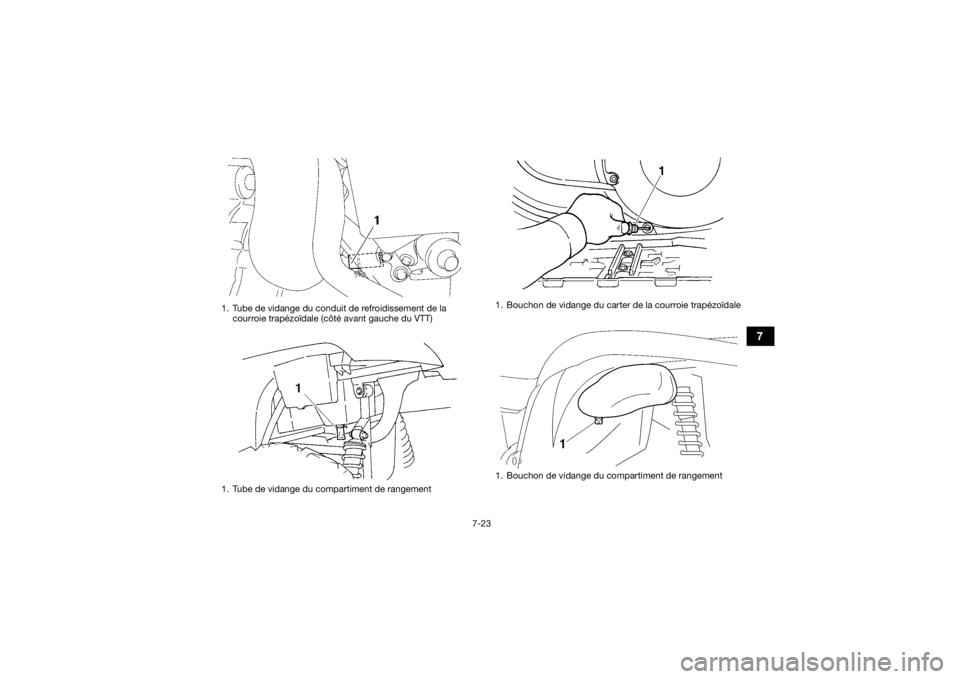 YAMAHA GRIZZLY 450 2016 Notices Demploi (in French) 7-23
7
1. Tube de vidange du conduit de refroidissement de la courroie trapézoïdale (côté avant gauche du VTT)
1. Tube de vidange du compartiment de rangement
1. Bouchon de vidange du carter de la YAMAHA GRIZZLY 450 2016 Notices Demploi (in French) 7-23
7
1. Tube de vidange du conduit de refroidissement de la courroie trapézoïdale (côté avant gauche du VTT)
1. Tube de vidange du compartiment de rangement
1. Bouchon de vidange du carter de la