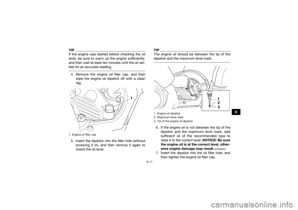 YAMAHA GRIZZLY 450 2015 Owners Manual 8-17
8
TIPIf the engine was started before checking the oil
level, be sure to warm up the engine sufficiently,
and then wait at least ten minutes until the oil set-
tles for an accurate reading. 4. Re YAMAHA GRIZZLY 450 2015 Owners Manual 8-17
8
TIPIf the engine was started before checking the oil
level, be sure to warm up the engine sufficiently,
and then wait at least ten minutes until the oil set-
tles for an accurate reading. 4. Re