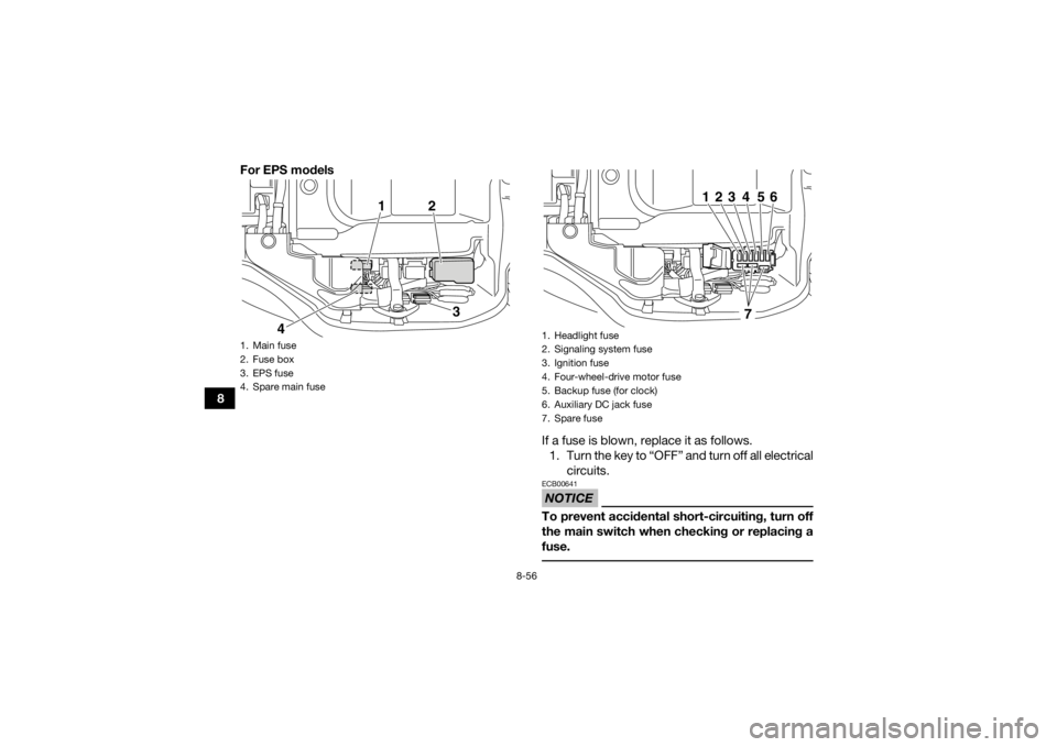 YAMAHA GRIZZLY 450 2015 Owners Manual 8-56
8For EPS models
If a fuse is blown, replace it as follows.1. Turn the key to “OFF” and turn off all electrical circuits.
NOTICEECB00641To prevent accidental short-circuiting, turn off
the mai YAMAHA GRIZZLY 450 2015 Owners Manual 8-56
8For EPS models
If a fuse is blown, replace it as follows.1. Turn the key to “OFF” and turn off all electrical circuits.
NOTICEECB00641To prevent accidental short-circuiting, turn off
the mai