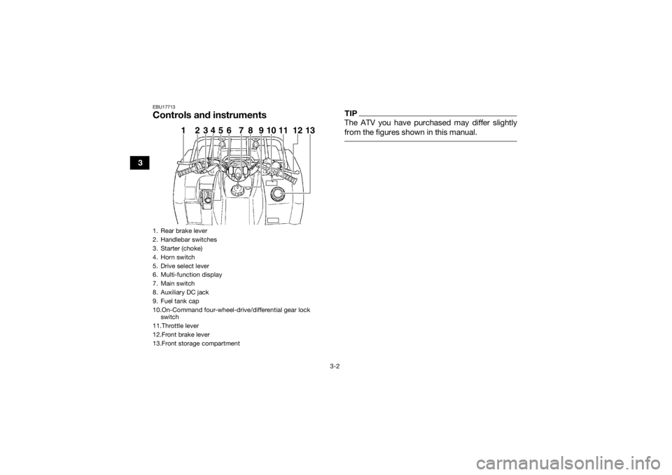 YAMAHA GRIZZLY 450 2015 Owners Manual 3-2
3
EBU17713Controls and instruments
TIPThe ATV you have purchased may differ slightly
from the figures shown in this manual.
1. Rear brake lever
2. Handlebar switches
3. Starter (choke)
4. Horn sw YAMAHA GRIZZLY 450 2015 Owners Manual 3-2
3
EBU17713Controls and instruments
TIPThe ATV you have purchased may differ slightly
from the figures shown in this manual.
1. Rear brake lever
2. Handlebar switches
3. Starter (choke)
4. Horn sw
