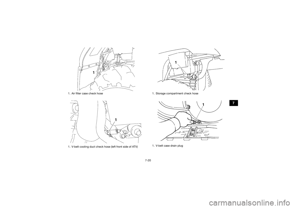 YAMAHA GRIZZLY 450 2015 Manual Online 7-20
7
1. Air filter case check hose
1. V-belt cooling duct check hose (left front side of ATV)
1. Storage compartment check hose
1. V-belt case drain plug
U2LC61E0.book Page 20 Wednesday, February YAMAHA GRIZZLY 450 2015 Manual Online 7-20
7
1. Air filter case check hose
1. V-belt cooling duct check hose (left front side of ATV)
1. Storage compartment check hose
1. V-belt case drain plug
U2LC61E0.book Page 20 Wednesday, February