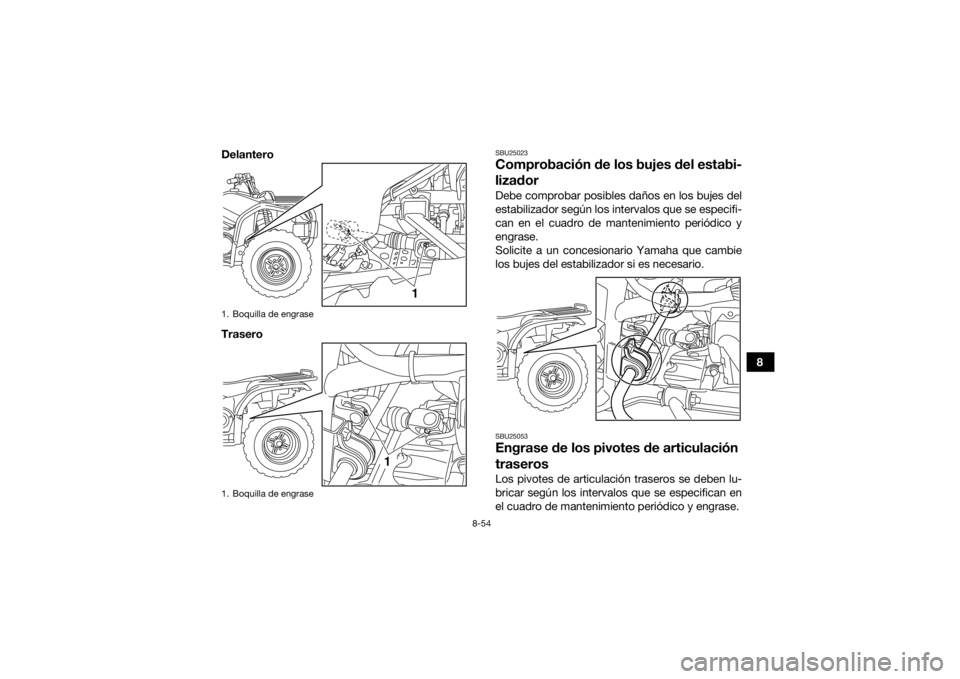 YAMAHA GRIZZLY 450 2015 Manuale de Empleo (in Spanish) 8-54
8
Delantero
Trasero
SBU25023Comprobación de los
bujes del estabi-
lizadorDebe comprobar posibles daños en los bujes del
estabilizador según los intervalos que se especifi-
can en el cuadro de YAMAHA GRIZZLY 450 2015 Manuale de Empleo (in Spanish) 8-54
8
Delantero
Trasero
SBU25023Comprobación de los
bujes del estabi-
lizadorDebe comprobar posibles daños en los bujes del
estabilizador según los intervalos que se especifi-
can en el cuadro de