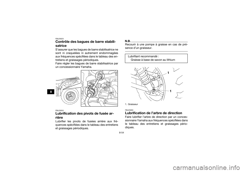 YAMAHA GRIZZLY 450 2015  Notices Demploi (in French) 8-54
8
FBU25023Contrôle des bagues de barre stabili-
satriceS’assurer que les bagues de barre stabilisatrice ne
sont ni craquelées ni autrement endommagées
aux fréquences spécifiées dans le ta