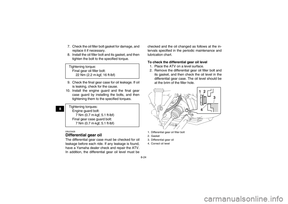 YAMAHA GRIZZLY 450 2014 Owners Manual 8-24
87. Check the oil filler bolt gasket for damage, and
replace it if necessary.
8. Install the oil filler bolt and its gasket, and then tighten the bolt to the specified torque.
9. Check the final YAMAHA GRIZZLY 450 2014 Owners Manual 8-24
87. Check the oil filler bolt gasket for damage, and
replace it if necessary.
8. Install the oil filler bolt and its gasket, and then tighten the bolt to the specified torque.
9. Check the final