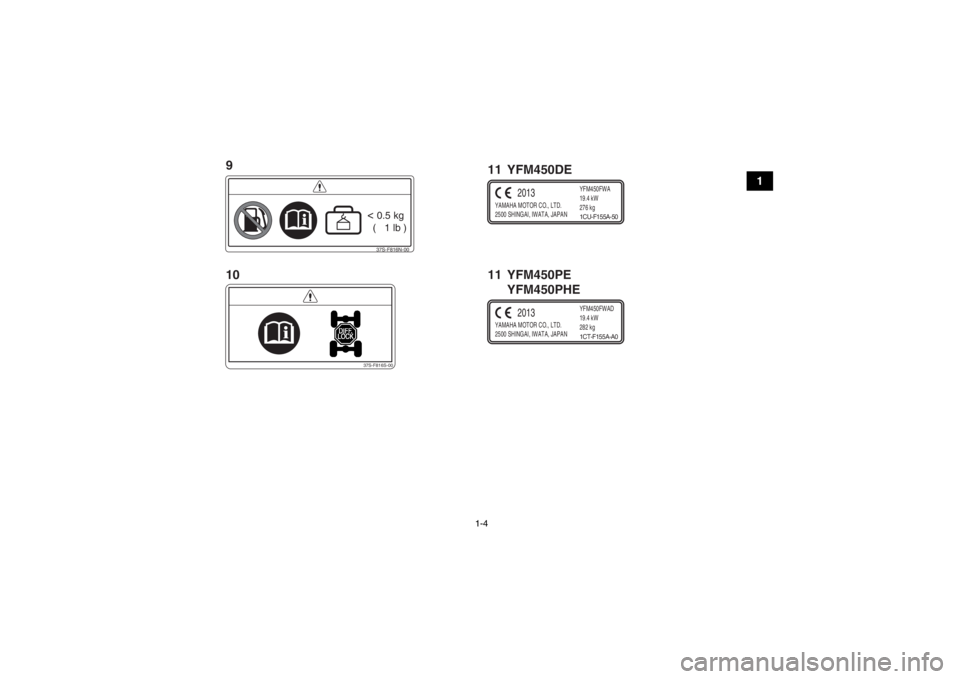 YAMAHA GRIZZLY 450 2014 User Guide 1-4
1
37S-F816N-00< 0.5 kg
  (   1 lb )
37S-F816S-00
YAMAHA MOTOR CO., LTD.
2500 SHINGAI, IWATA, JAPAN YFM450FWAD
19.4 kW
282 kg
2013
1CT-F155A-A0
YAMAHA MOTOR CO., LTD.
2500 SHINGAI, IWATA, JAPANYFM4